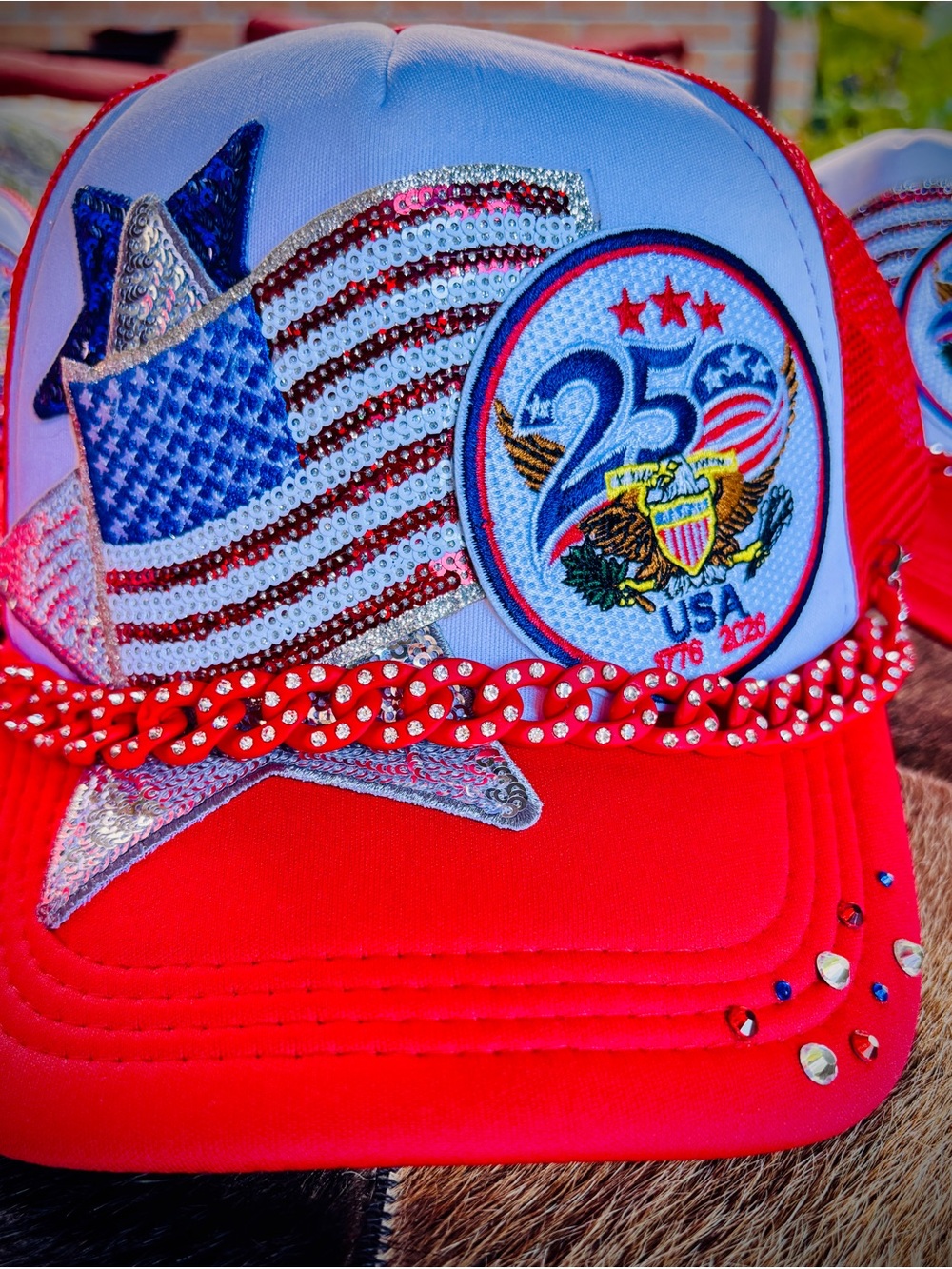 250th Red USA Sequin Flag Trucker Hat
